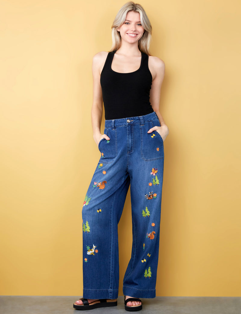 Women's Fashion Brand Koi Fish and Squirrel Embroidered Soft Denim Pants