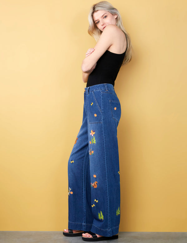 Women's Fashion Brand Koi Fish and Squirrel Embroidered Soft Denim Pants