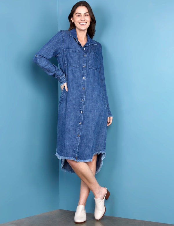 Women's Designer Fray Cuff Dark Wash Denim Shirtdress