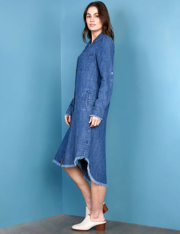 Women's Designer Fray Cuff Dark Wash Denim Shirtdress