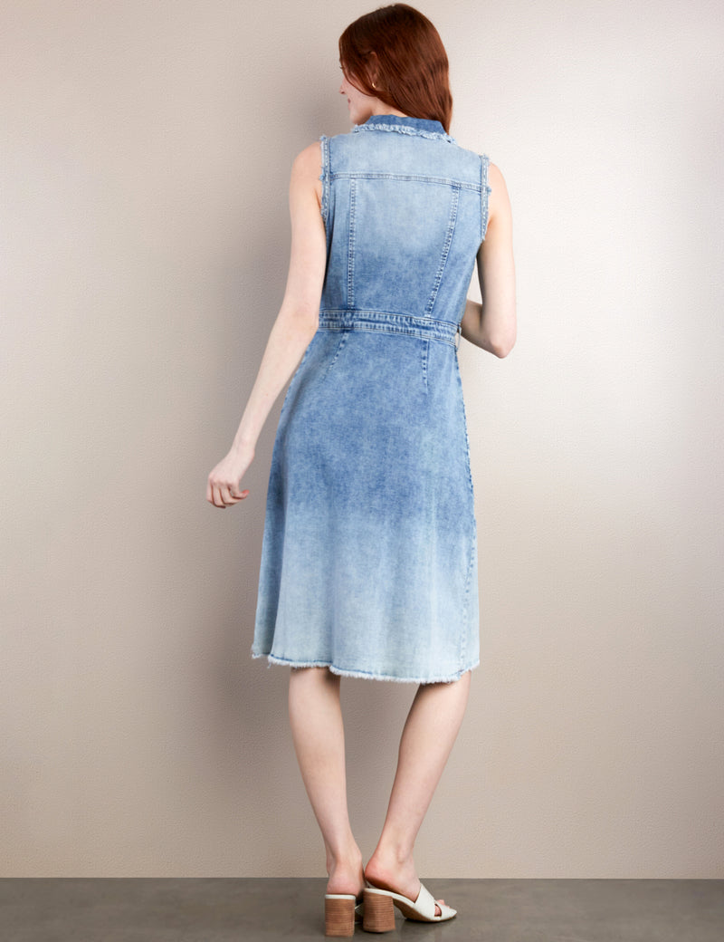 Women's Fashion Brand Sleeveless Light Wash Denim Shirtdress Back View