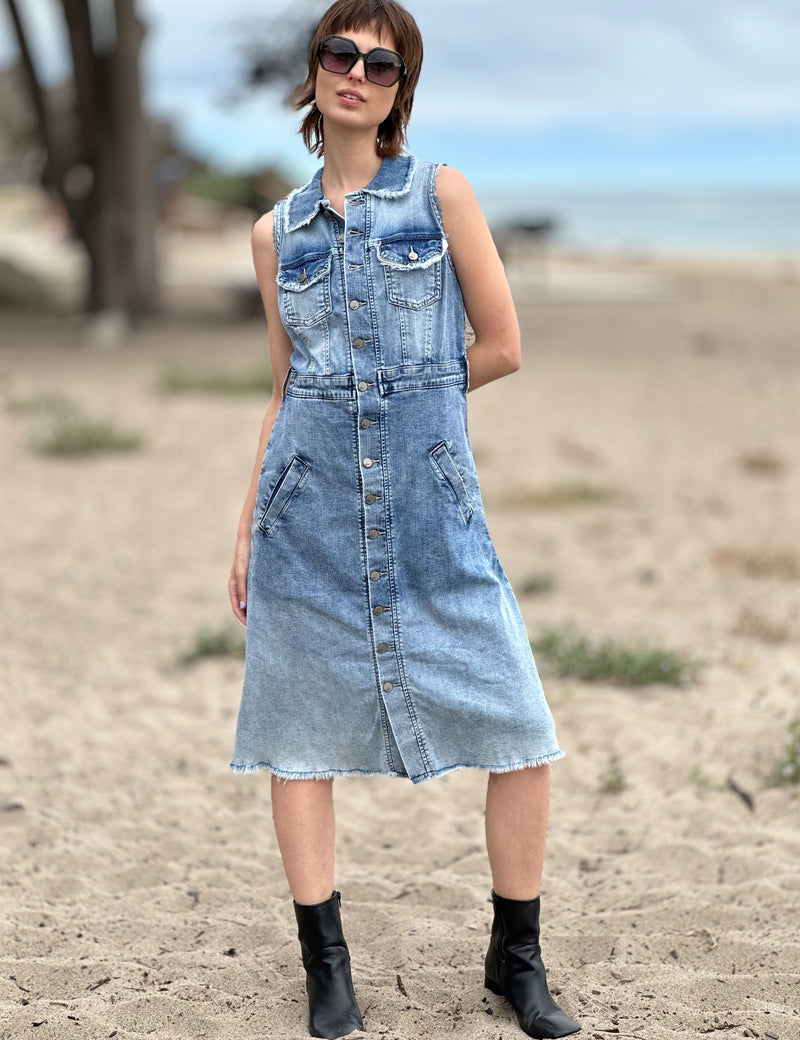 Women's Fashion Brand Sleeveless Light Wash Denim Shirtdress Beach Front View