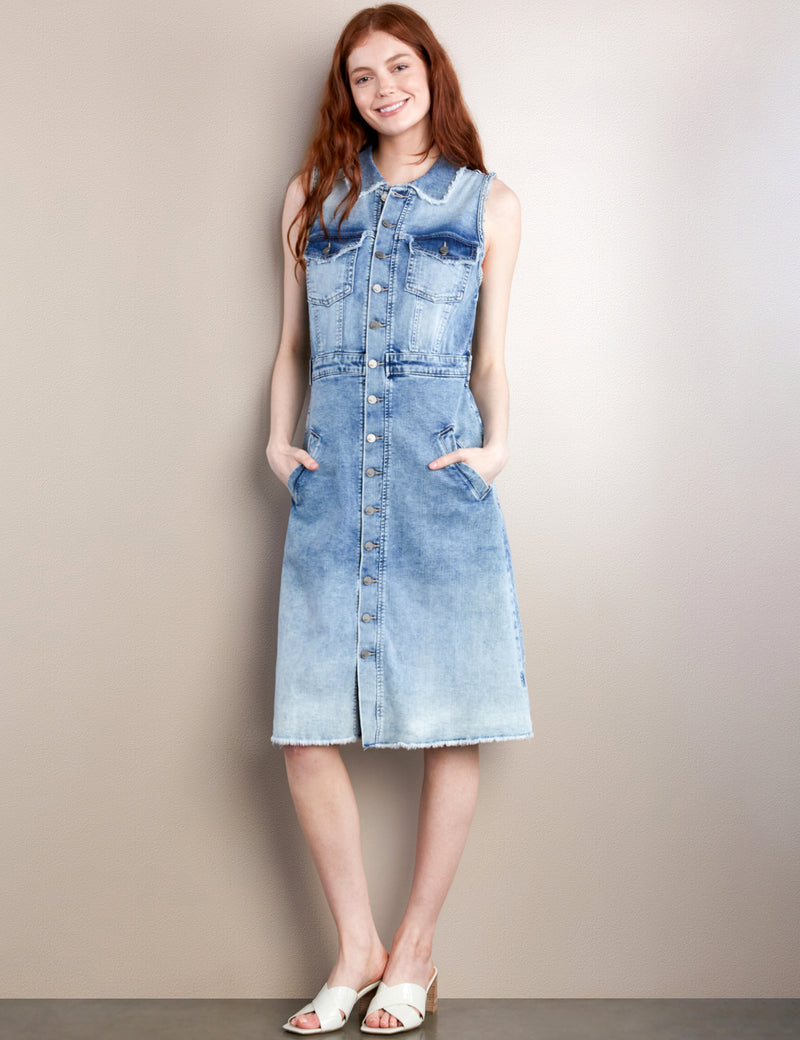 Women's Fashion Brand Sleeveless Light Wash Denim Shirtdress Front View