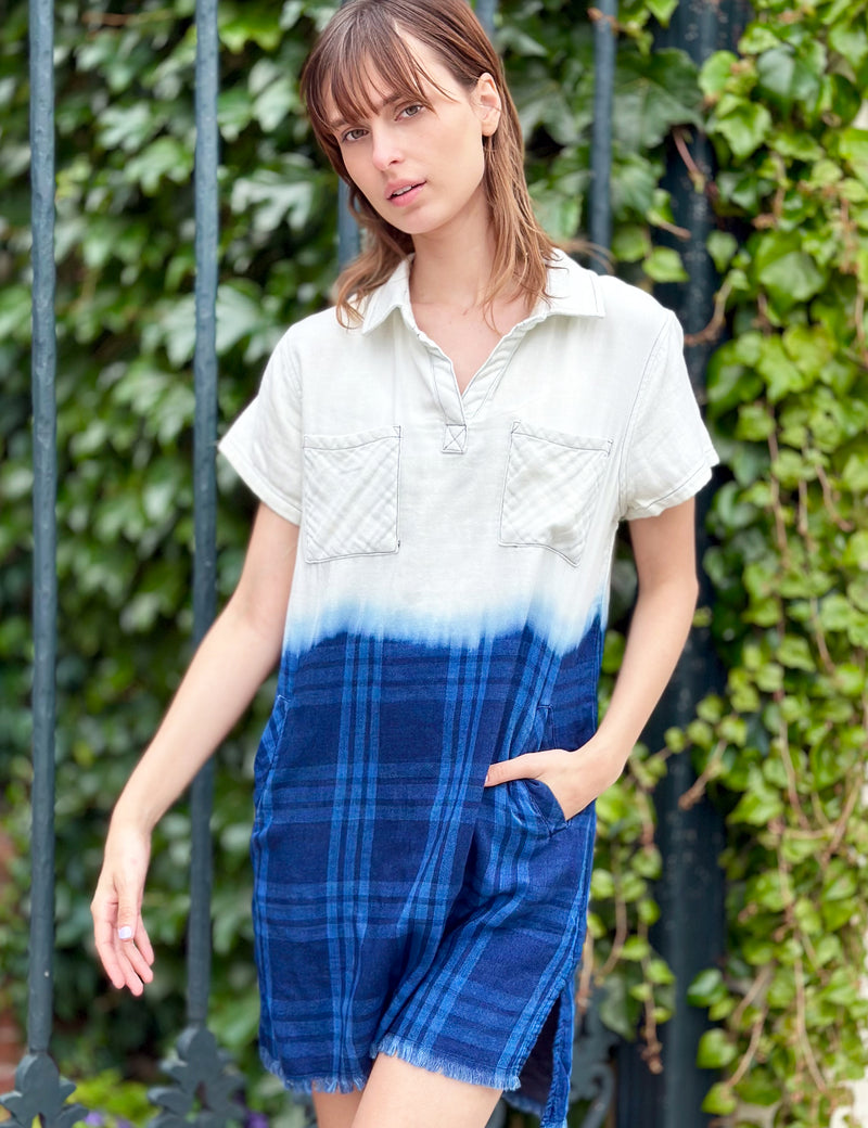 Women's Designer Blue Dip Dye Plaid Shirtdress