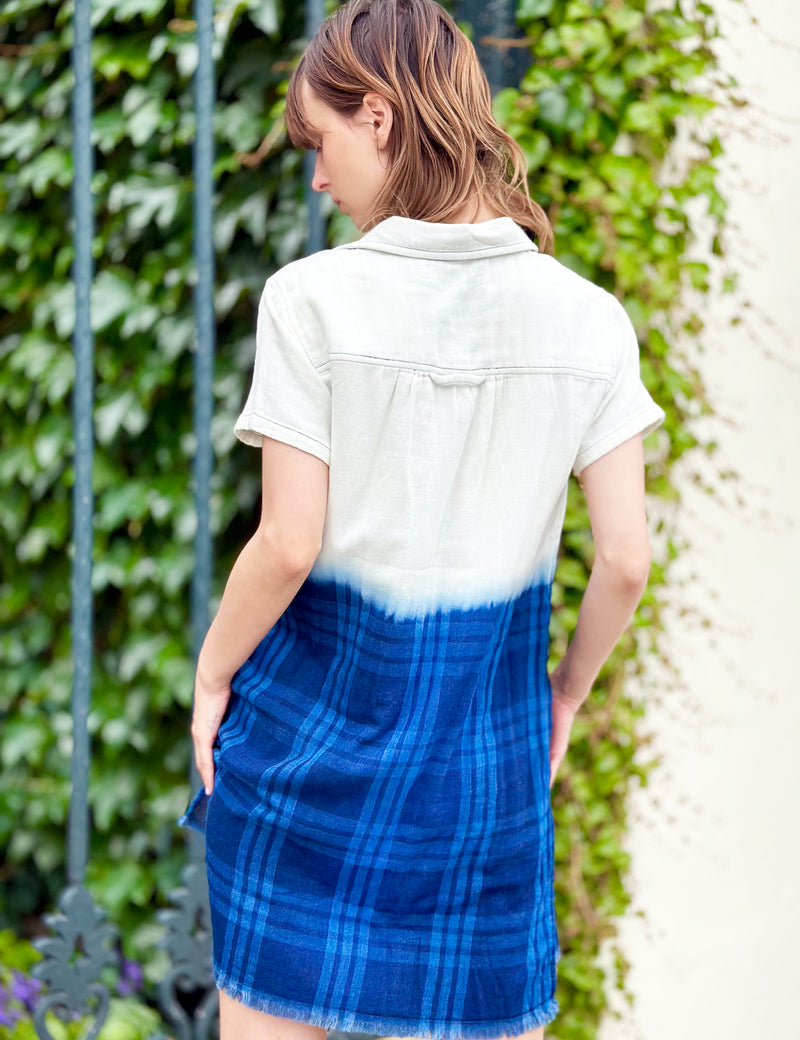 Women's Designer Blue Dip Dye Plaid Shirtdress