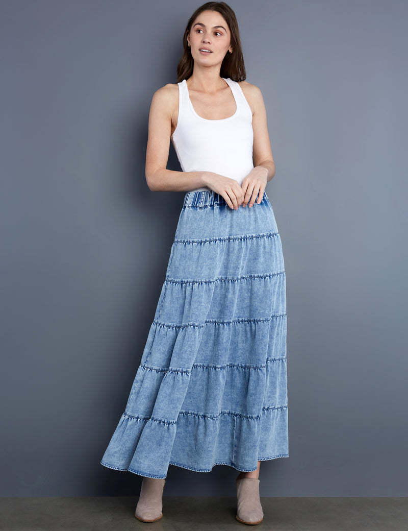 Women's Designer Brand Tiered Chambray Maxi Skirt