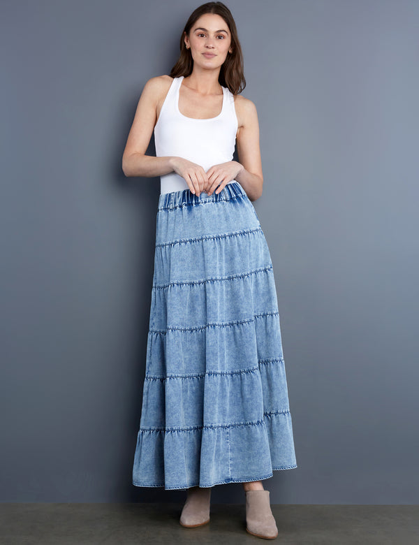 Women's Designer Brand Tiered Chambray Maxi Skirt