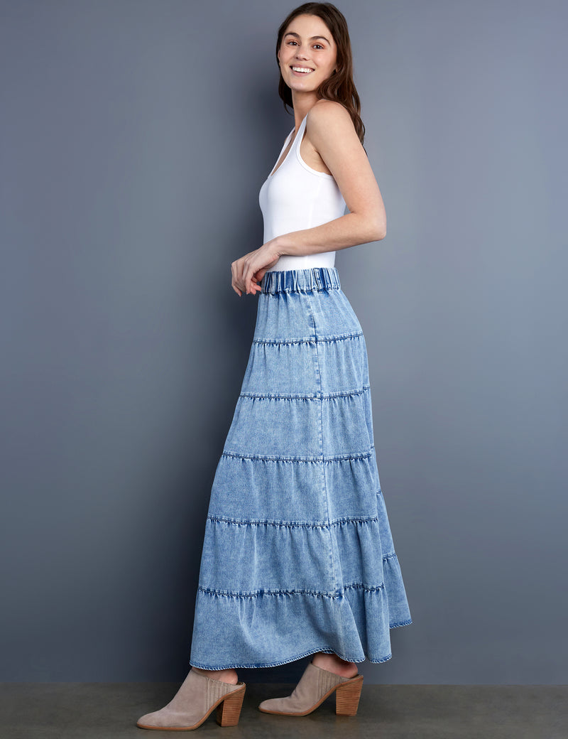 Women's Designer Brand Tiered Chambray Maxi Skirt