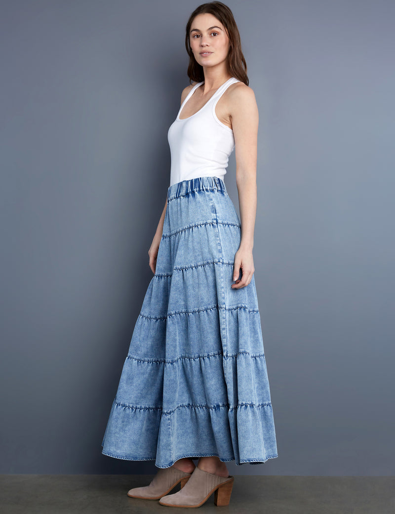 Women's Designer Tiered Chambray Maxi Skirt