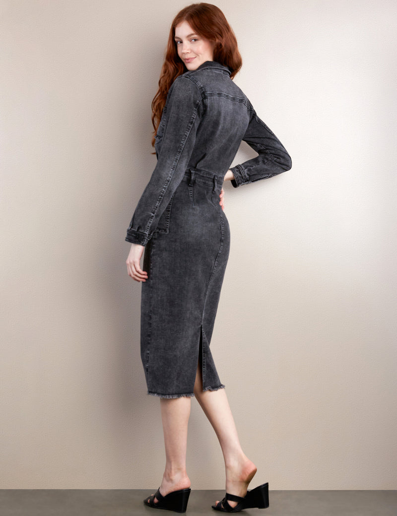 Women's Premium Almost Black Denim Midi Midi Denim Shirtdress