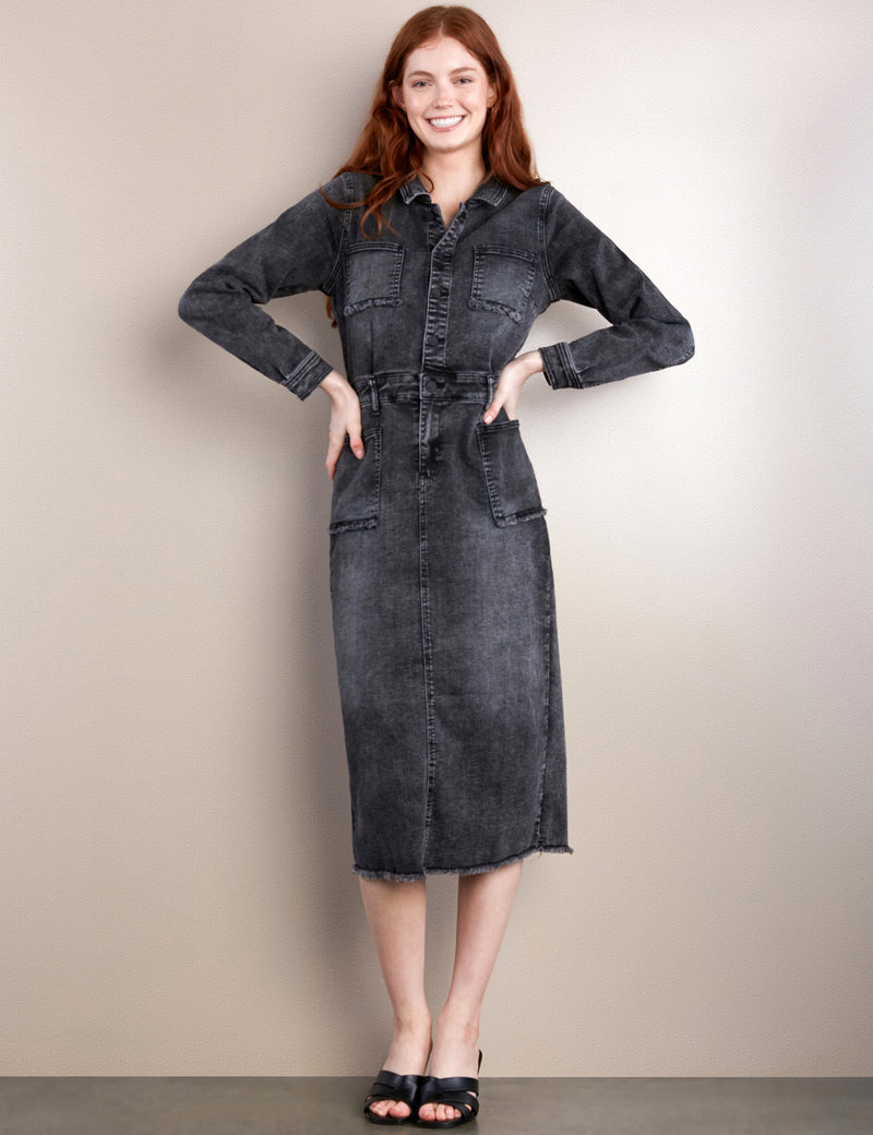 Women's Premium Almost Black Denim Midi Midi Denim Shirtdress