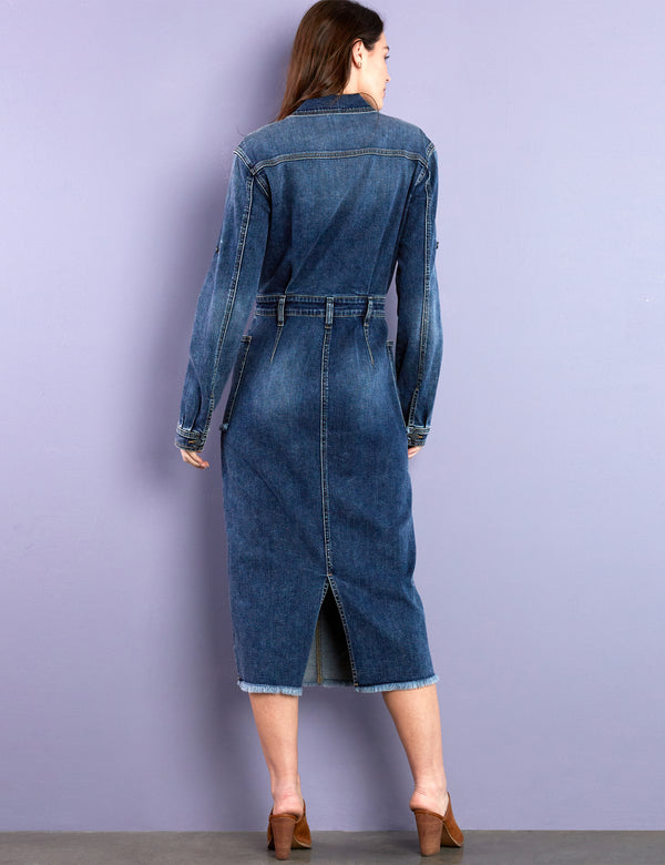 Women's Premium Dark Wash Denim Midi Midi Denim Shirtdress