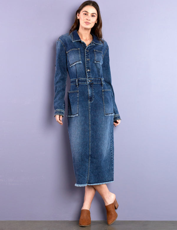 Women's Premium Dark Wash Denim Midi Midi Denim Shirtdress