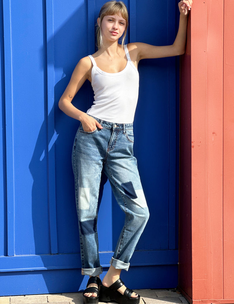Women's Designer Patch Denim Boyfriend Jeans