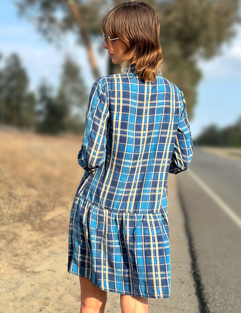 Womens Plaid Flannel Peplum Dress Billy T Blue Moon Plaid / S Womens Plaid Flannel Peplum Dress Billy T Blue Moon Plaid / S
