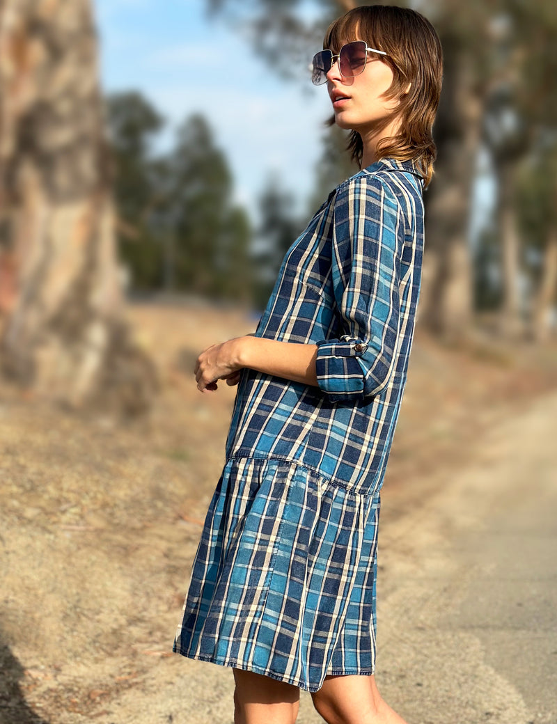 Womens Plaid Flannel Peplum Dress Billy T Blue Moon Plaid / S Womens Plaid Flannel Peplum Dress Billy T Blue Moon Plaid / S