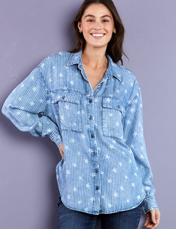 Perfect Oversized Shirt in Stripe with Stars Print Front View