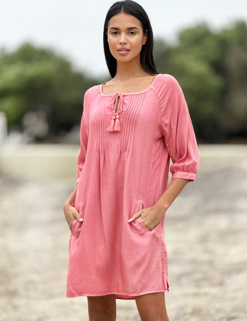 Womens Boho Style Peasant Dress with Tassels Billy T Melon / Xs Womens Boho Style Peasant Dress with Tassels Billy T Melon / Xs