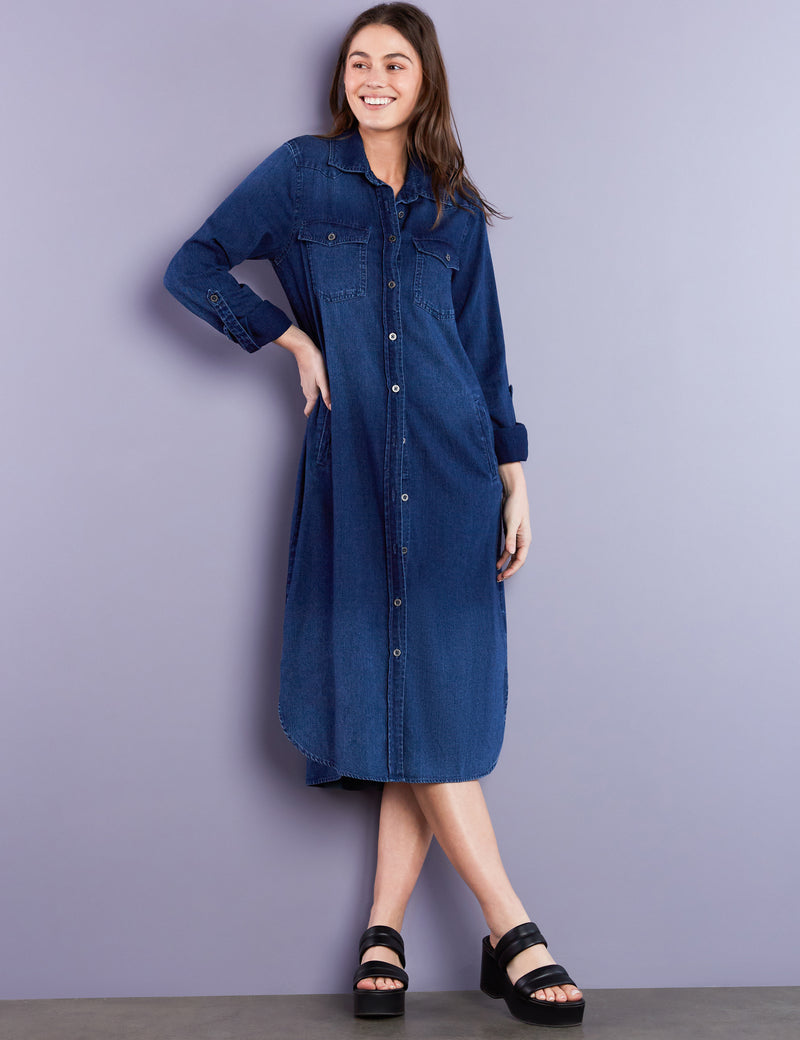 Women's Designer Classic Dark Wash Denim Shirtdress