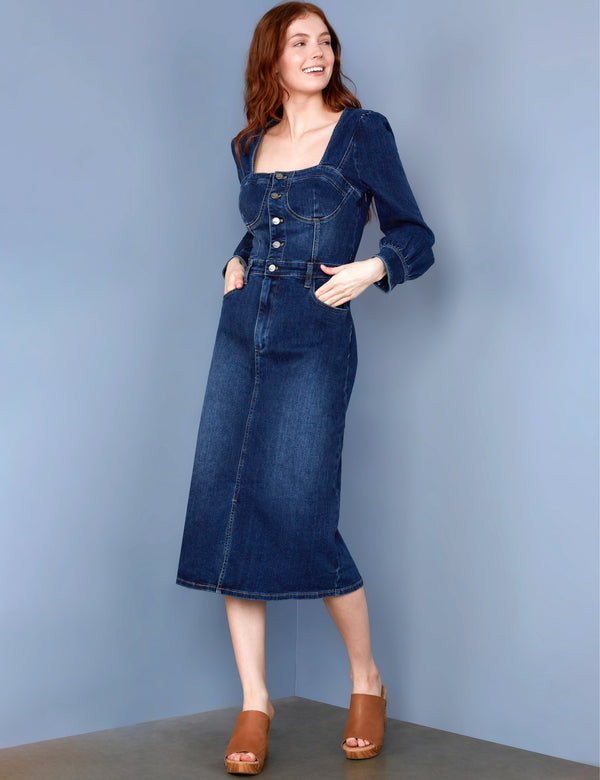 Women's Fashion Brand Puff Sleeve Dark Wash Denim Corset Dress