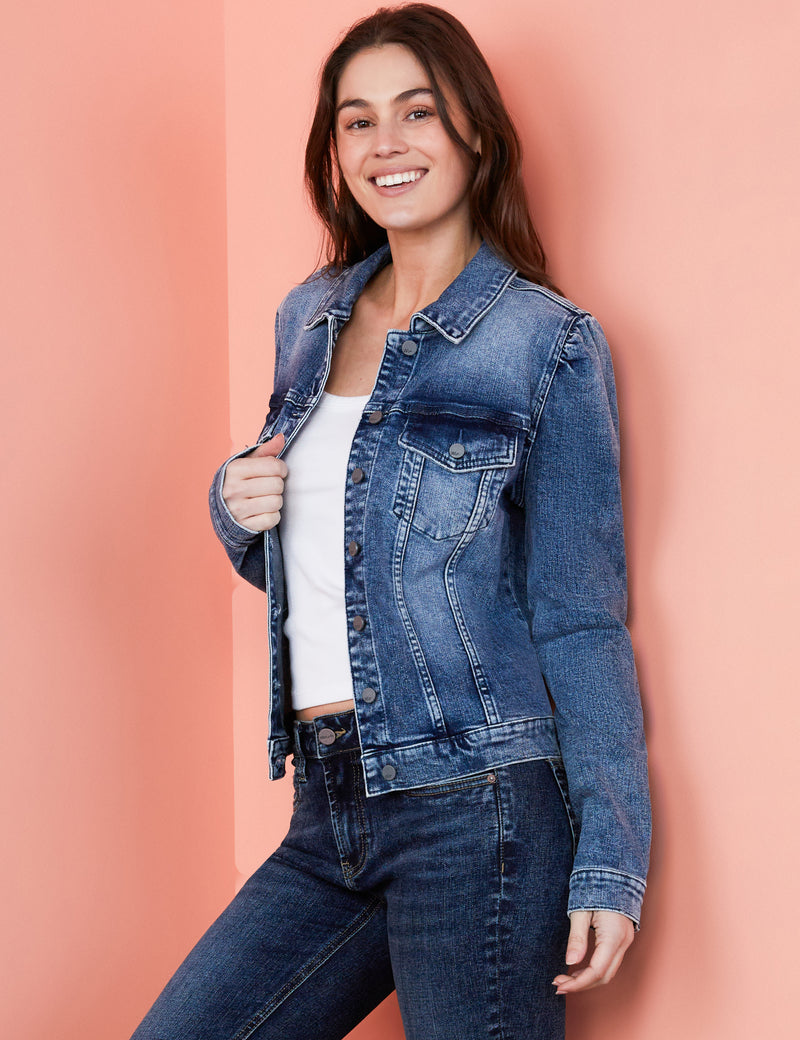 Women's Fashion Brand Medium Wash Puff Sleeve Denim Jacket