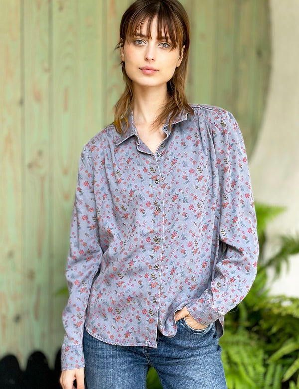Puff-Sleeve Floral Lyocell Shirt Front View