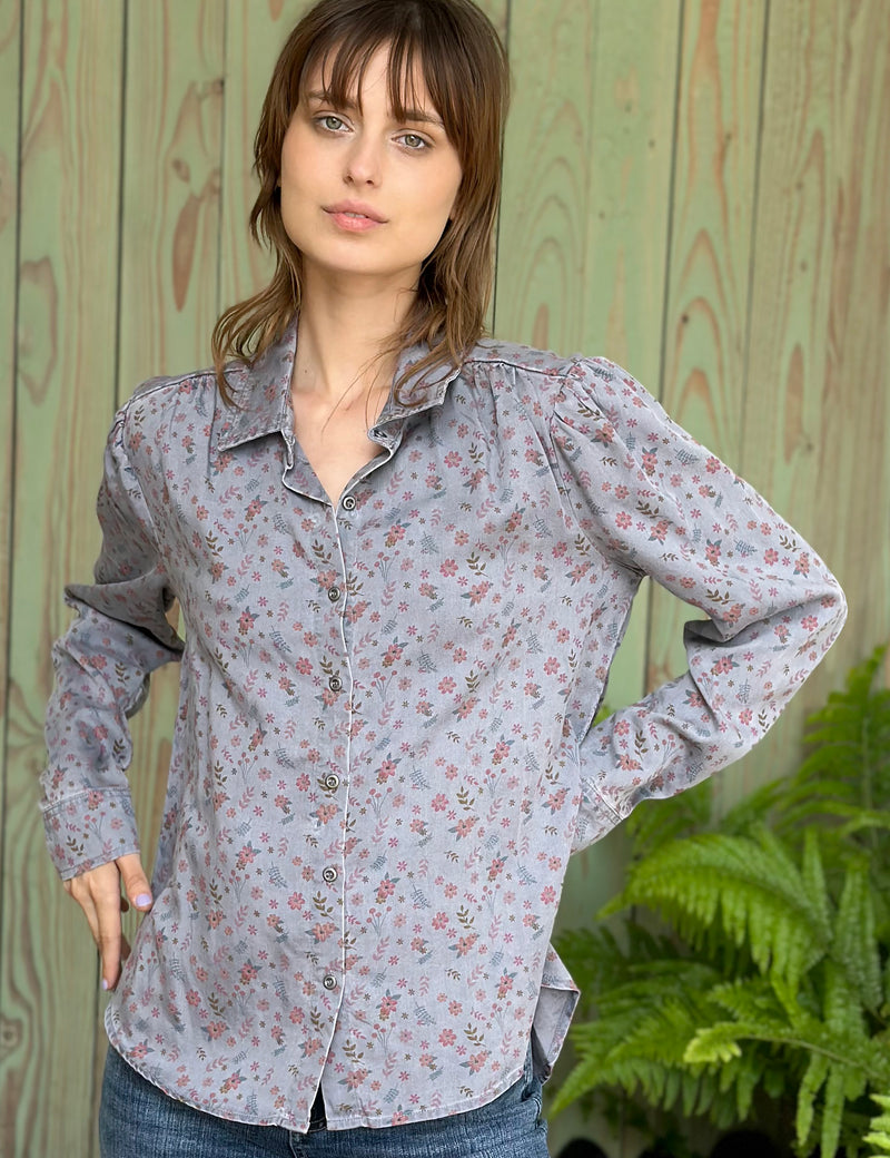 Puff-Sleeve Floral Lyocell Shirt Front View