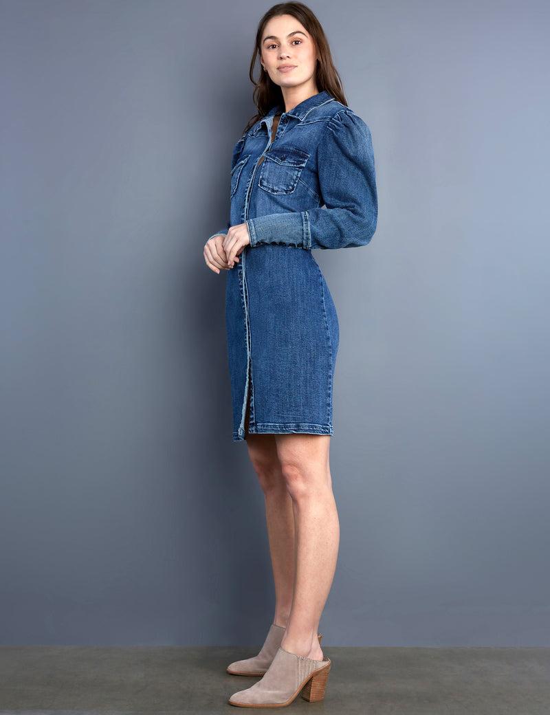 Women's Designer Puff Sleeve Denim Shirtdress