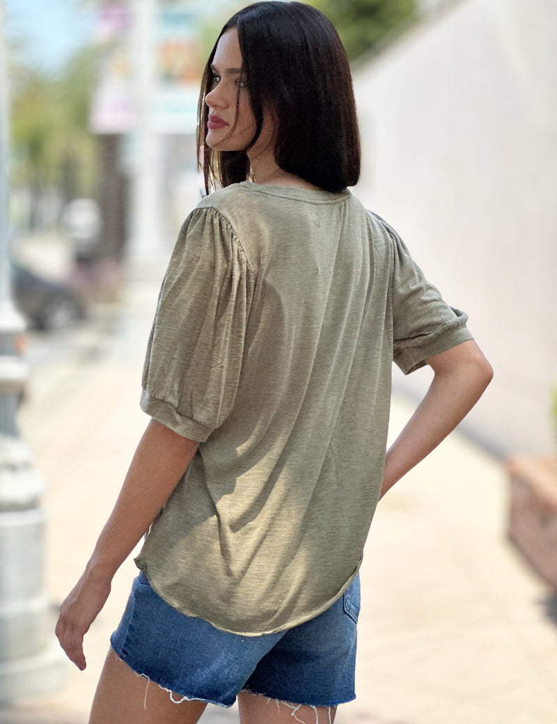 Puff Sleeve V-Neck Tee Latte Back View