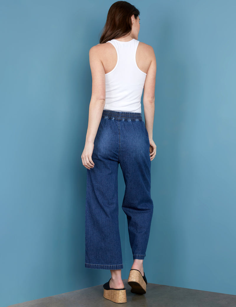 Pull-On Denim Cropped Wide Leg Jeans