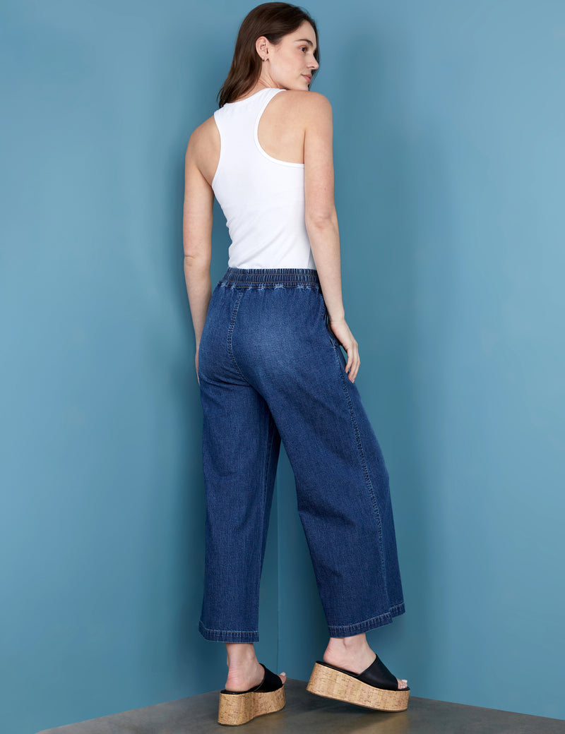 Pull-On Denim Cropped Wide Leg Jeans