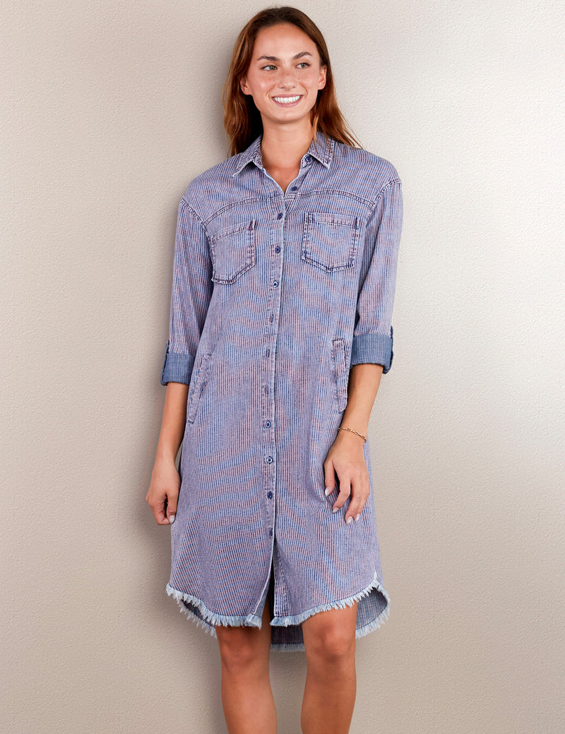 Women's Fashion Brand Railroad Stripe Shirtdress Front View Close Up