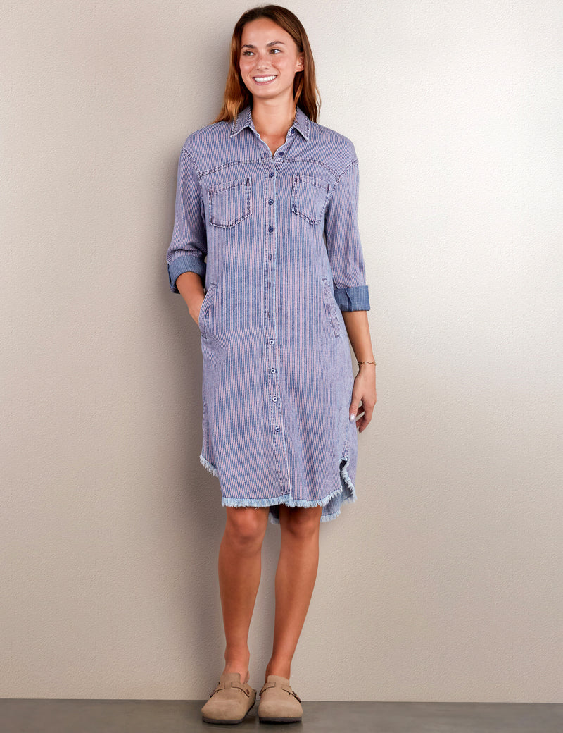 Women's Fashion Brand Railroad Stripe Shirtdress Front View