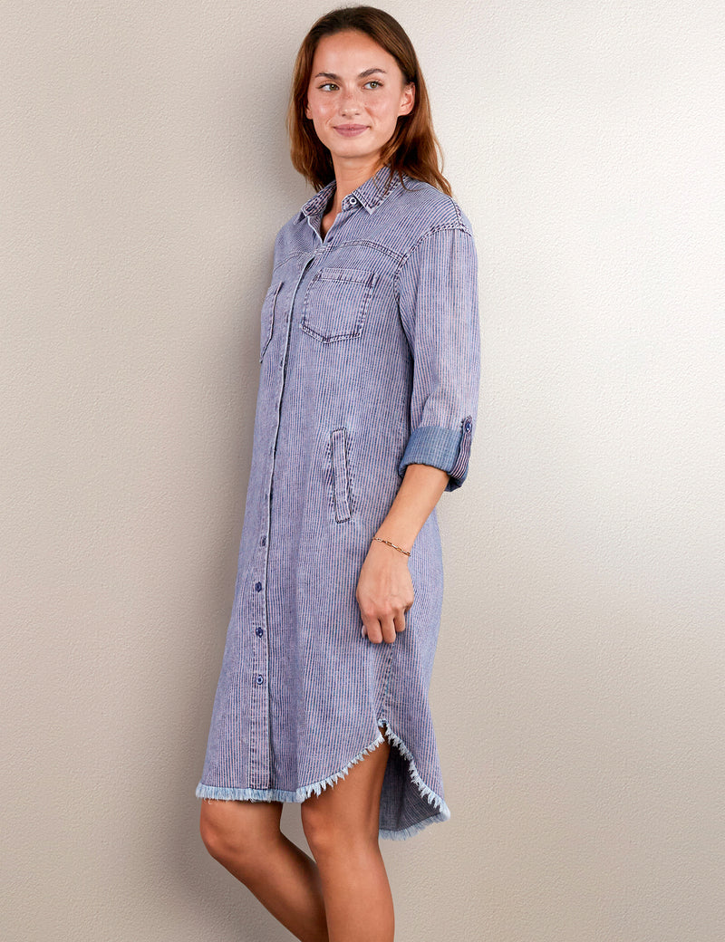 Women's Fashion Brand Railroad Stripe Shirtdress Side View