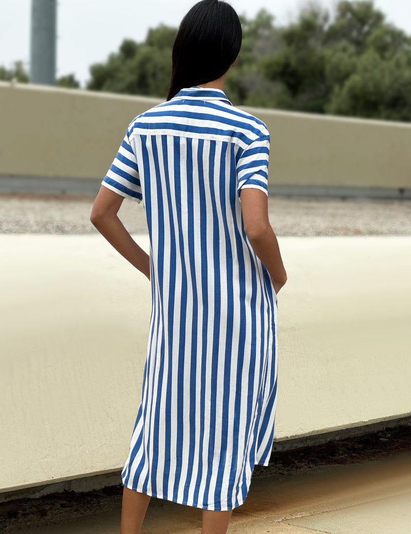 Blue Striped Short Sleeve Midi Regal Shirtdress Back View