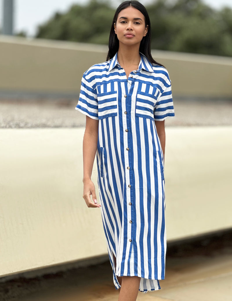 Blue Striped Short Sleeve Midi Regal Shirtdress Front View