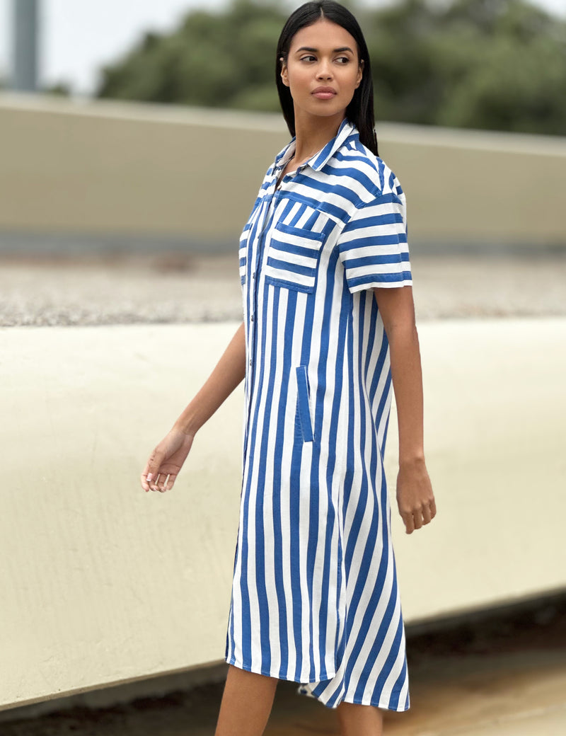 Blue Striped Short Sleeve Midi Regal Shirtdress Side View