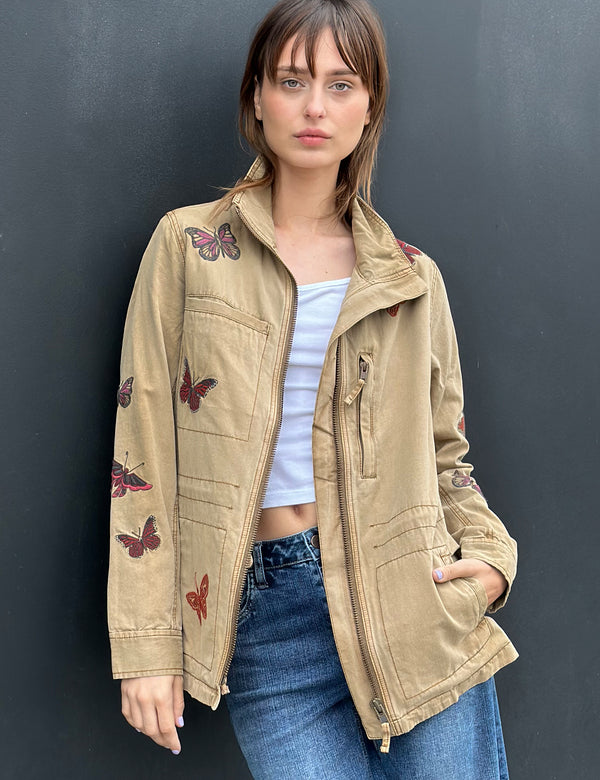 Women's Fashion Brand Khaki Butterfly Embroidered Anorak Jacket