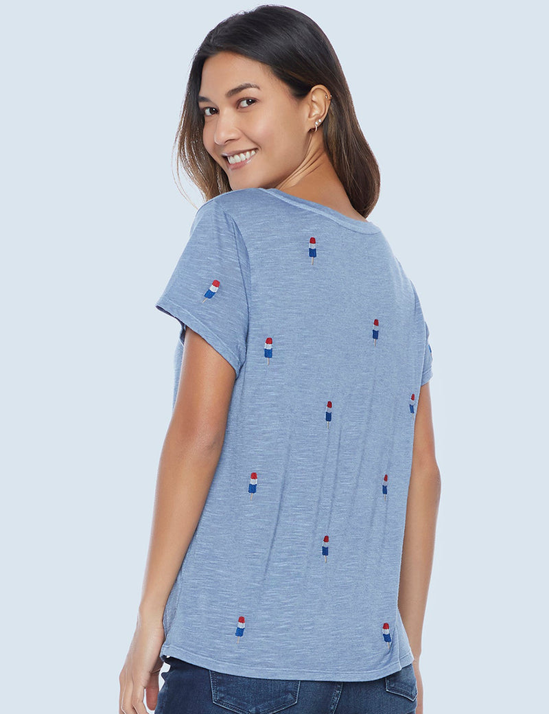 High-End Women's Fashion Brand Blue Rocket Pop Embroidered Tee