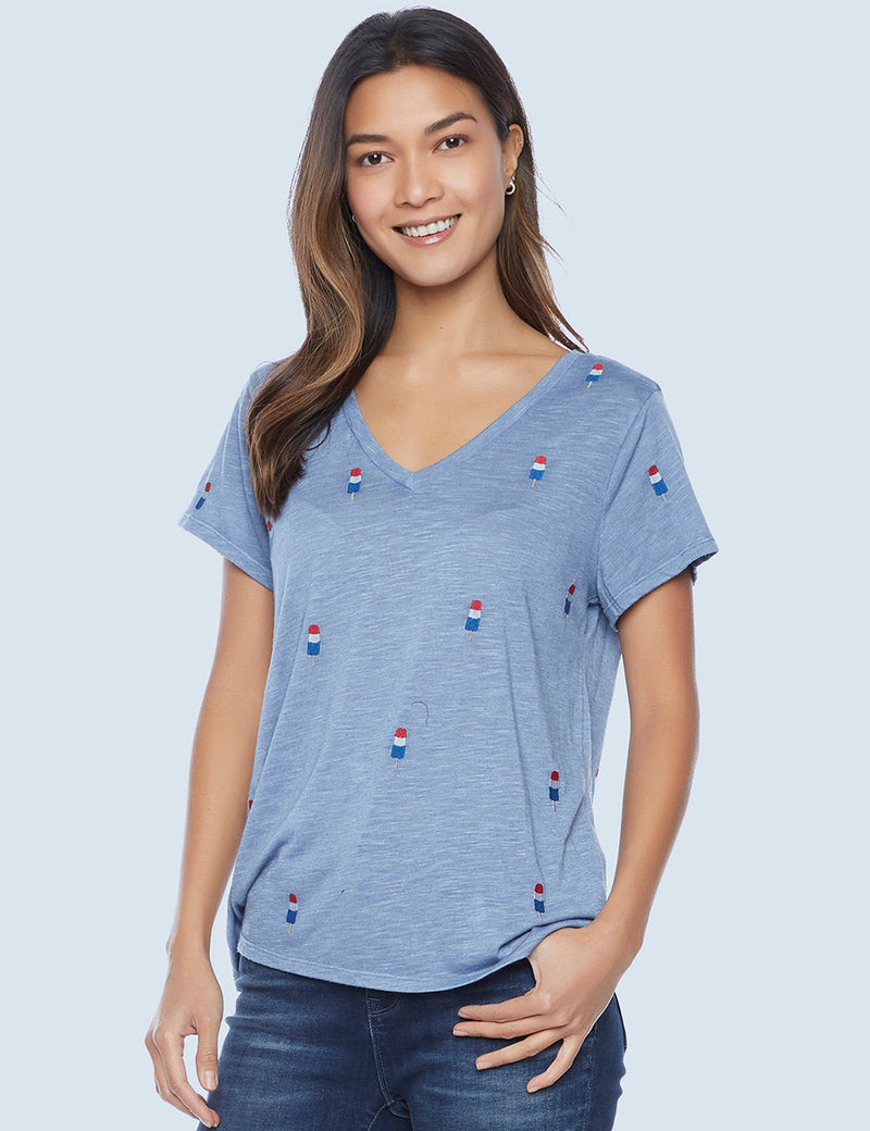 High-End Women's Fashion Brand Blue Rocket Pop Embroidered Tee