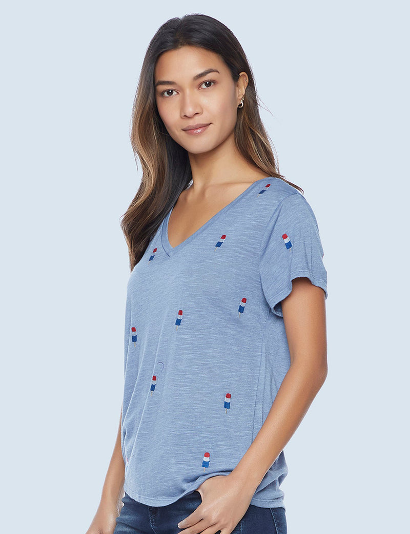 High-End Women's Fashion Brand Blue Rocket Pop Embroidered Tee