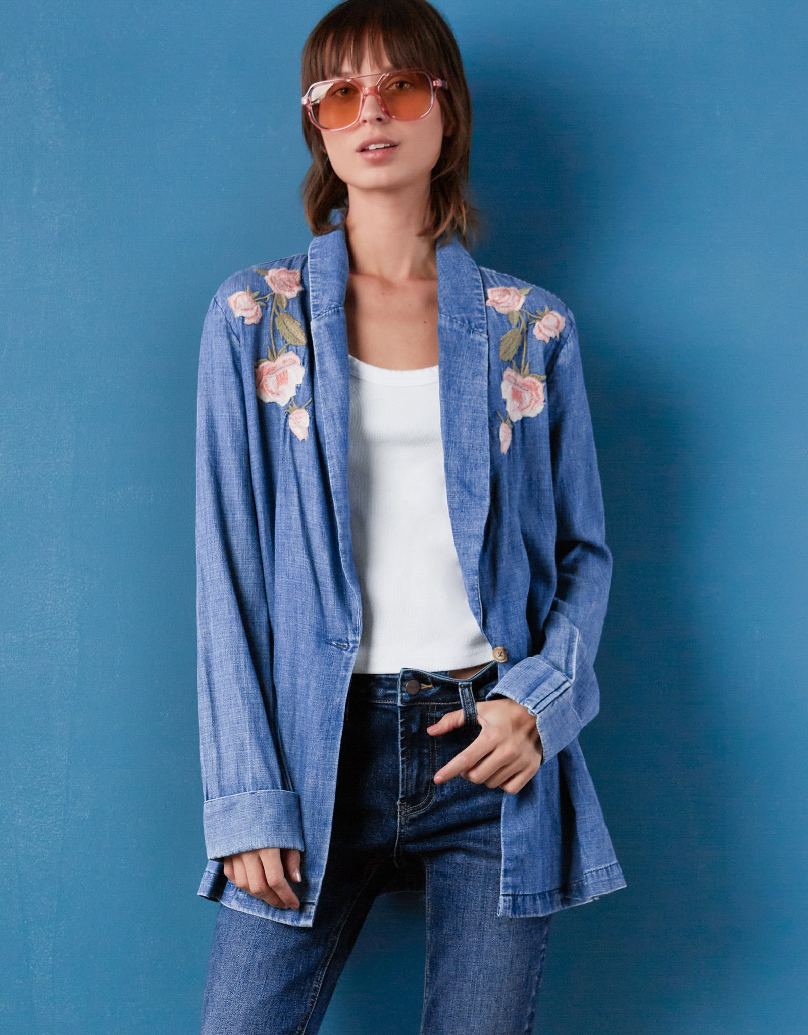 Women's Rose Embroidered Denim Blazer – Billy T – billytshop Women's Rose Embroidered Denim Blazer – Billy T – billytshop