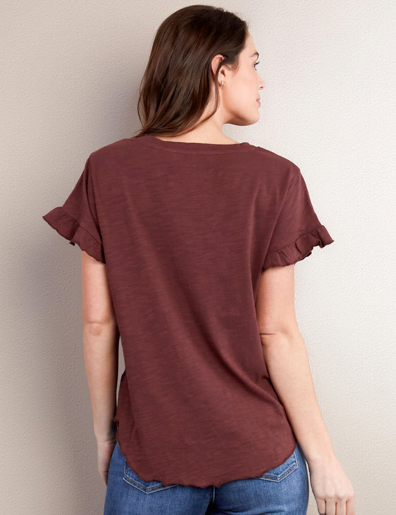 Women's Fashion Brand Brown Ruffle Sleeve V-Neck Tee