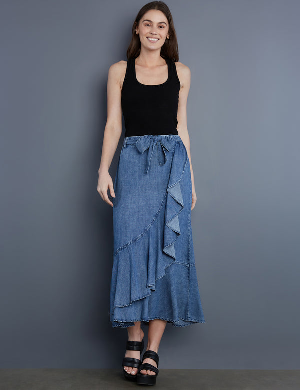 Women's Designer Denim Ruffle Wrap Maxi Skirt