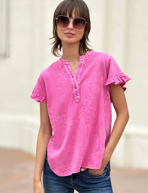 Ruffle Henley Tee Happy Pink Front View