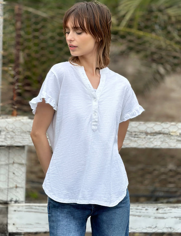 Ruffle Henley Tee White Front View