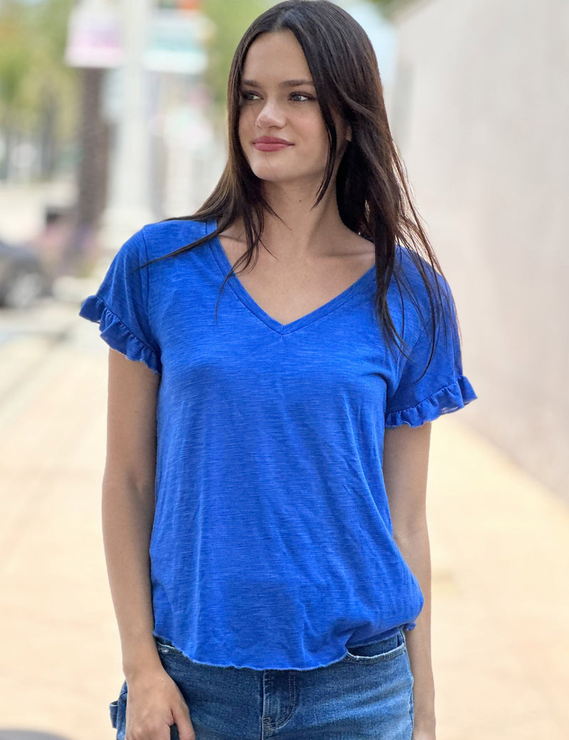 Ruffle V-Neck Tee Fresh Blue Front View