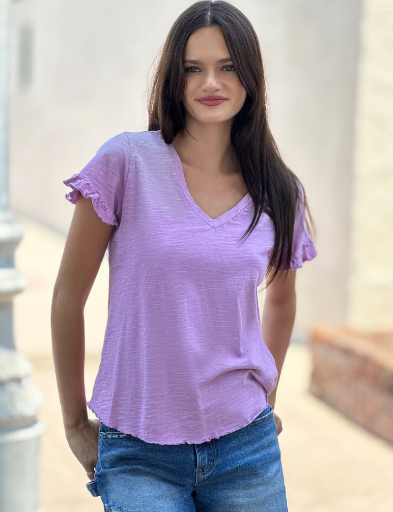 Ruffle V-Neck Tee Purple Sorbet Front View