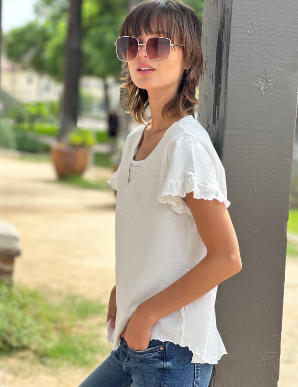 Ruffle V-Neck Tee White Side View