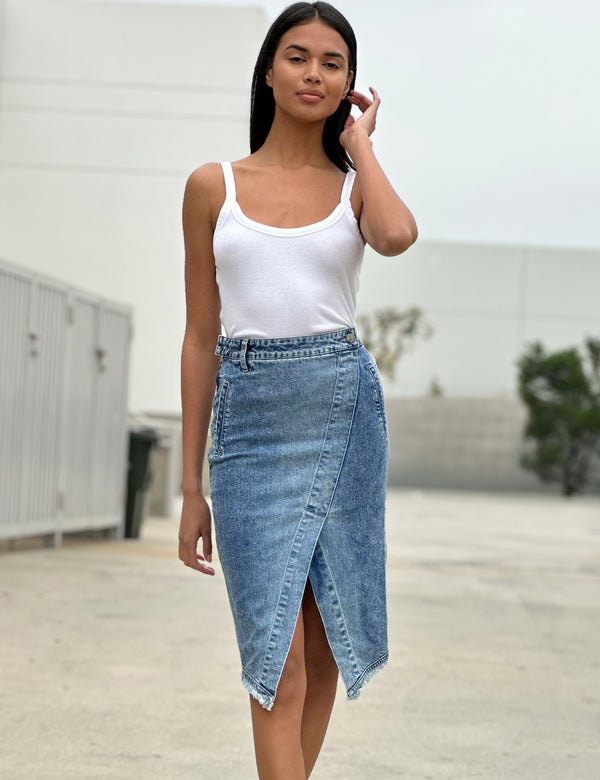 Women's Fashion Brand Asymmetrical High Slit Denim Skirt